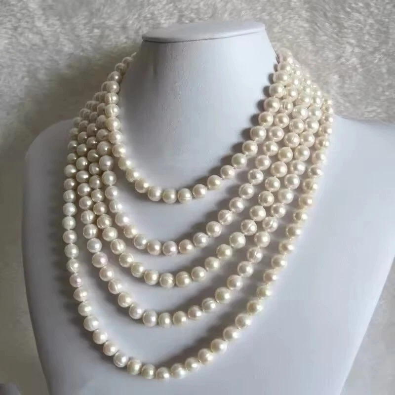 Collar de perlas barrocas blancas naturales 80 pulgadas AAA8-9mm Mar del Sur en oro de 14k Foto 3 de 4