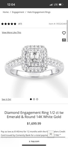 Diamond Engagement Ring 1/2 ct tw Emerald & Round 14K White Gold (Kay jewelers)