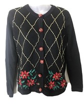 Lisa International Sz S Christmas Poinsettia Sweater Embroidered Beaded Sequins