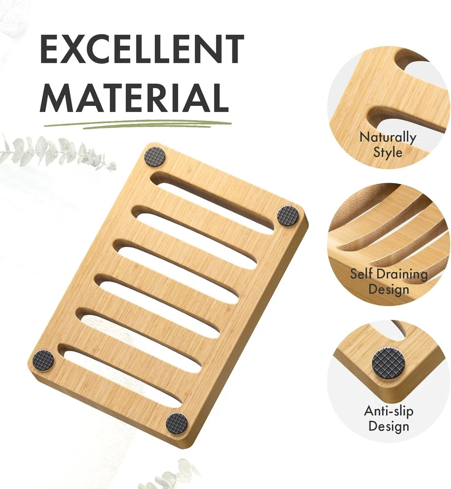 Soap Holder, 2 Pack Bamboo Self Draining Dish for Shower, Bathroom, Kitchen - Image 4 of 4