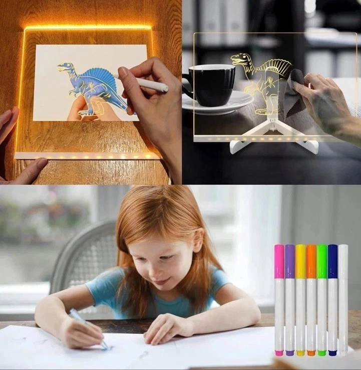 LED Note Board with 7 Coloured Pens Acrylic Dry Erase Illuminated Drawing Board - Image 4 of 4