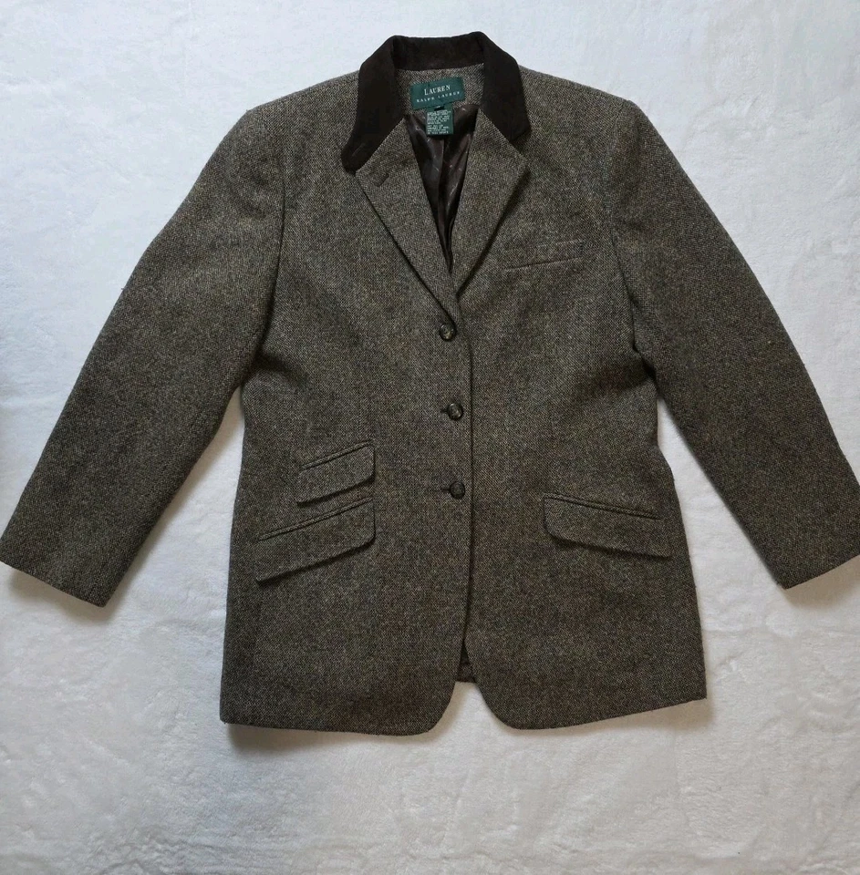 Blazer De Colección Ralph Lauren Etiqueta Verde Lana Ecuestre Marrón Tweed Abotonado Talla 16 Foto 2 de 4