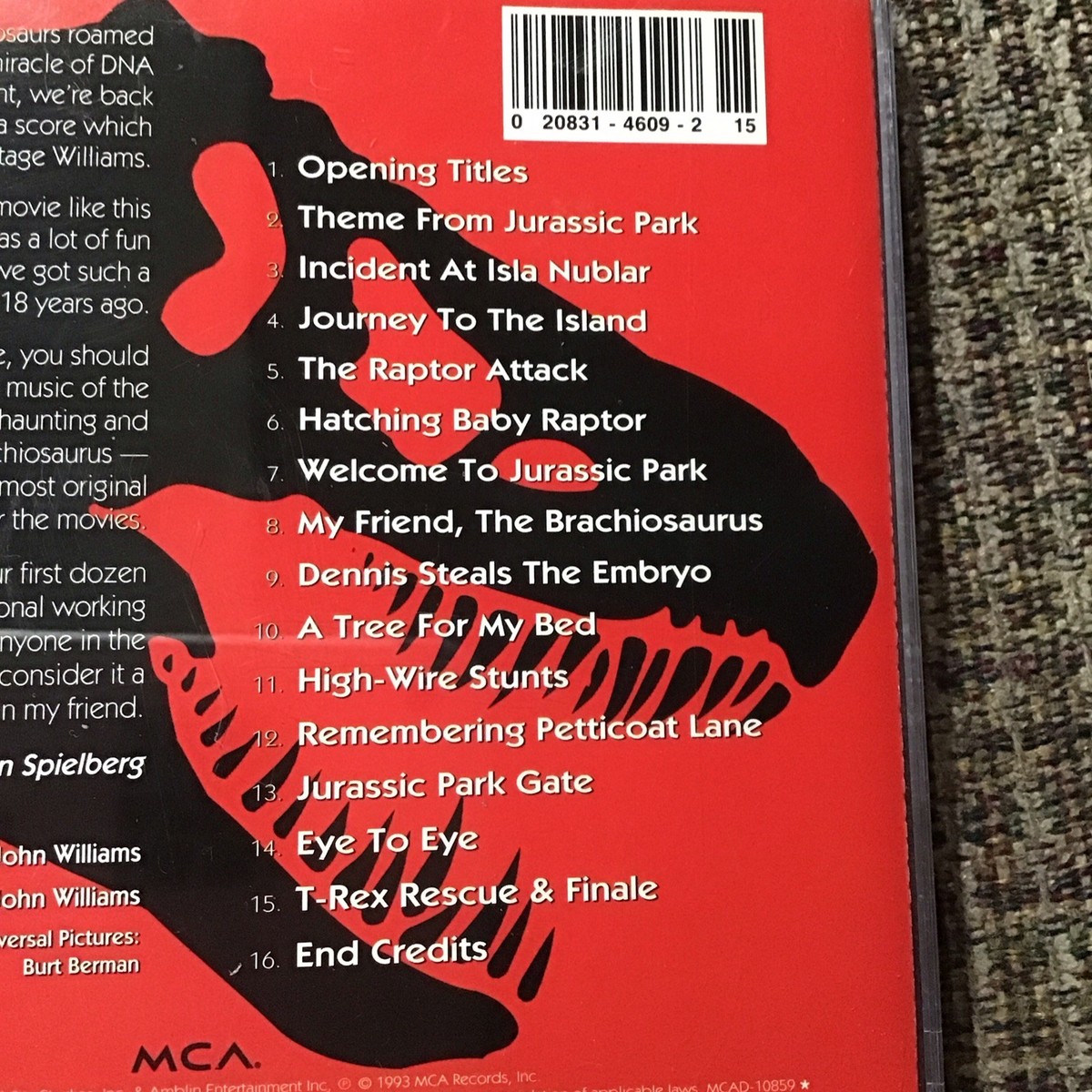 JURASSIC PARK 1993 ORIGINAL MOTION PICTURE SOUNDTRACK CD JOHN