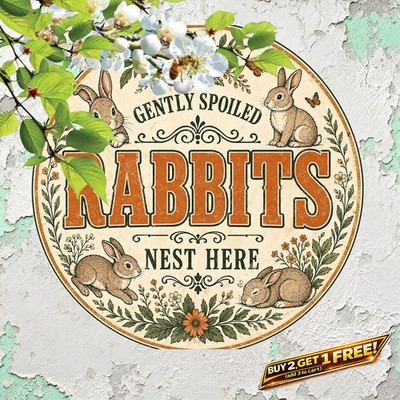 Spoiled Rabbit Lives Here Funny Round Metal Tin Sign Bunny Pet Decor