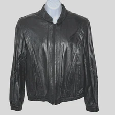 Vintage Bermans Leather Jacket Womens 14 Black Bomber Zip Elastic Hem 80s