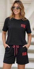 Ladies Tracksuit 2 Pcs Logo Top Short Sleeve Shorts Elasticated Drawstring Set