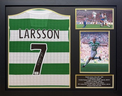 FRAMED HENRIK LARSSON SIGNED GLASGOW CELTIC RETRO SHIRT SEE THE PROOF COA  UK