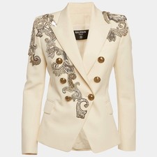 Balmain Cream Gabardine Embellished Double Breasted Blazer S