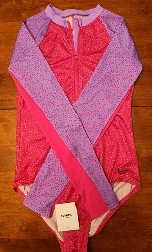 Neu mit Etikett Mädchen Nike Einteiler Langarm Badeanzug pink lila Wasserpunkte Größe L