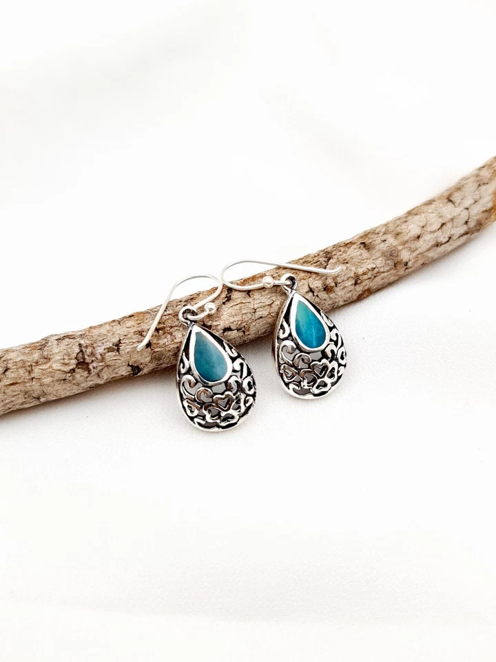 Pendientes colgantes de crisocola de plata de ley 925 de piedra Eilat verde Foto 2 de 4