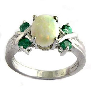 14k Solid White Gold Natural Opal and Emerald Ring #R574