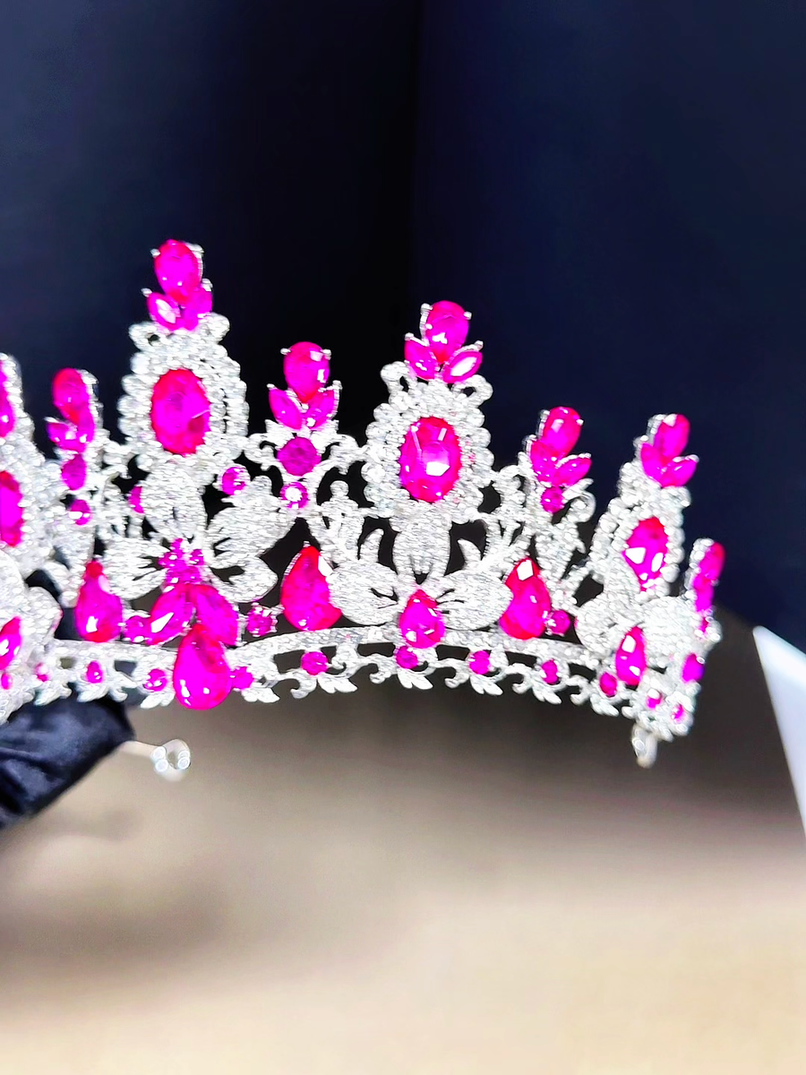 Silver Crystal Tiara, Bridal Flower Tiara, Fuchsia Crystal Tiara, Wedding Tiara Bridal Tiara Silver Crown Crystal Tiara Princess Hair Piece  main image 2