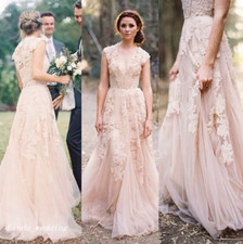 Elegant Blush Pink Lace Tulle Wedding Dresses A-Line Long Bridal Gowns