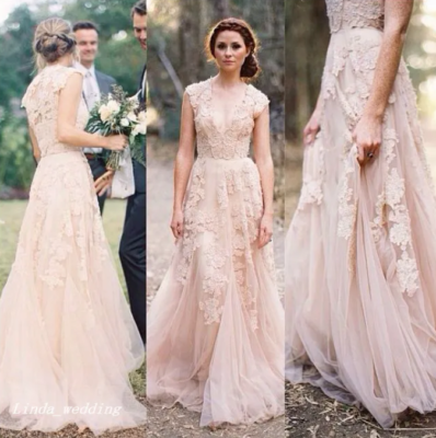 Elegant Blush Pink Lace Tulle Wedding Dresses A-Line Long Bridal Gowns |  eBay