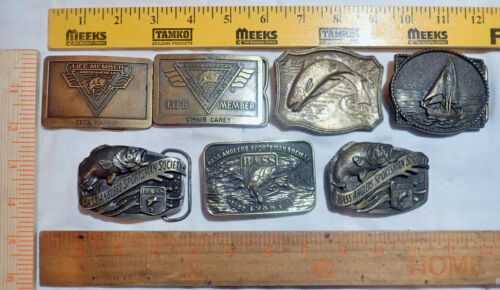 Vtg Lot of 7 Mixed Fishing Belt Buckles Bass Anglers Sportsman Society Sail Boat - Picture 1 of 23