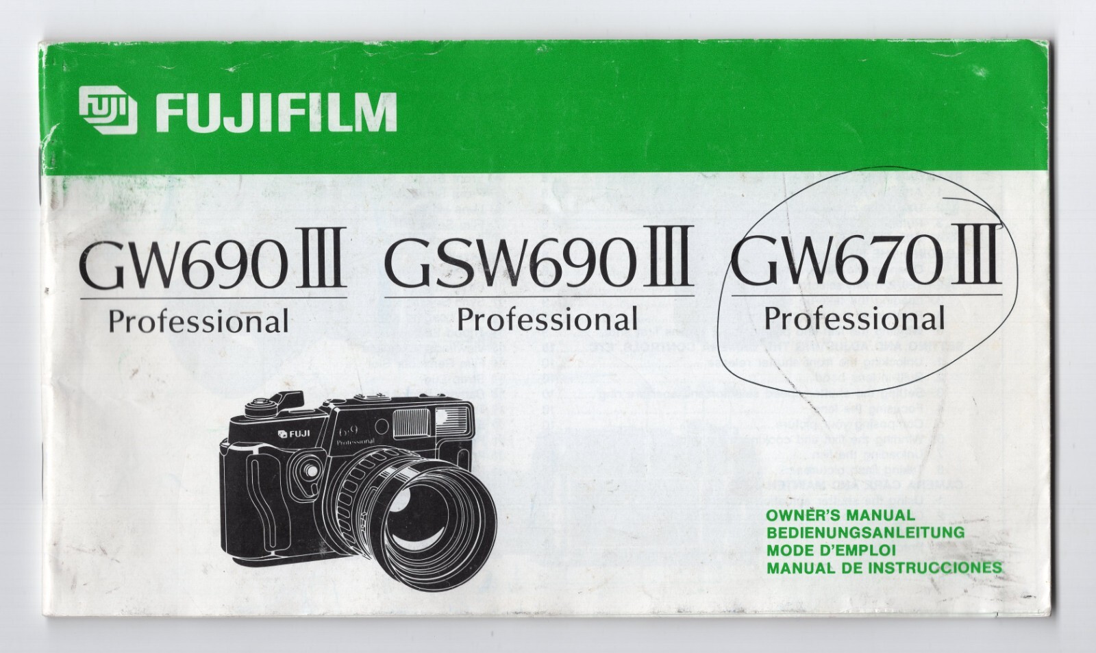 Fuji GW690 III GSW690 III GW670 III Pro Camera Owner Manual