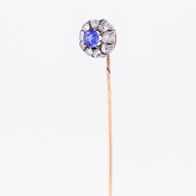 Antique Austrian 14k Rose Gold, Synthetic Sapphire & Rose Cut Diamond Stick Pin