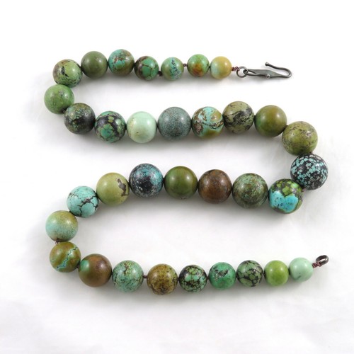 Collana Turchese Cinese Vintage Perline Graduate Hubei Chiusura Argento 222 Grammi - Foto 5 di 11