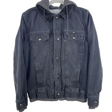 VANS Mens AV Edict Black Denim Jacket Hoodie Fleece Lined Full Zip Button Small