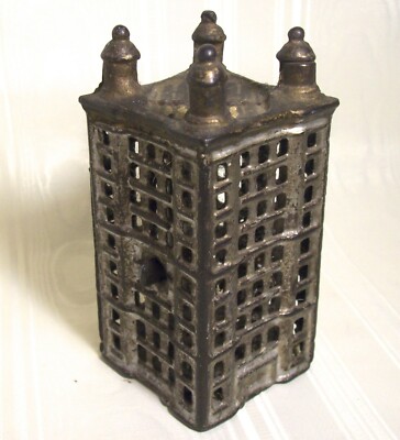  ANTIQUE ADAM CLARK WILLIAMS ANTIQUE CAST IRON STILL BANK OPEN GRIDWORK BUILDING
