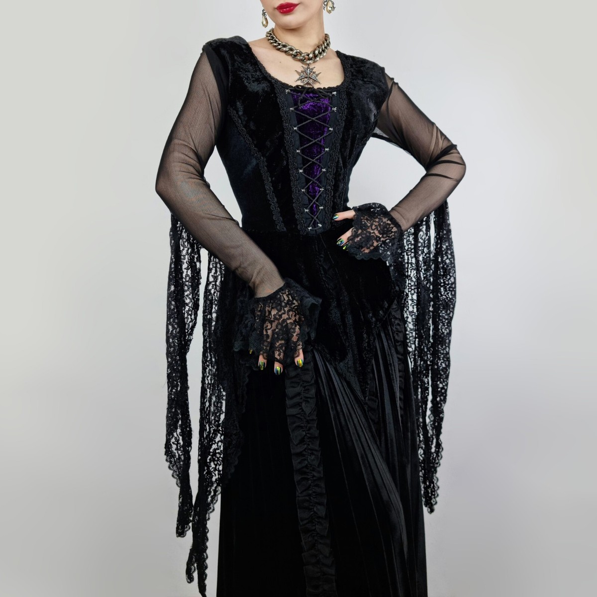 chinese dress ladies MissJophiel Long Sleeves Illusion Corset Dark Navy Dress with Slit Other / Floor Length / US10 main image 1