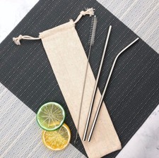 3pc Premium Stainless Steel Metal Silver Extra Long Straw, Brush & Eco Pouch Kit
