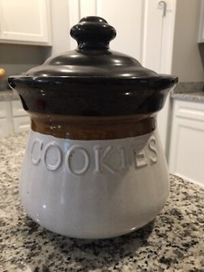 Brown Glazed Cookie Jar Bean Pot White