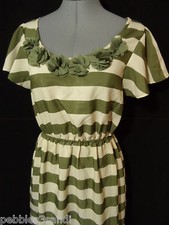 CHARMING CHARLIE Tea Dress M Beige Olive green Scoop Roses Fancy Fall theme