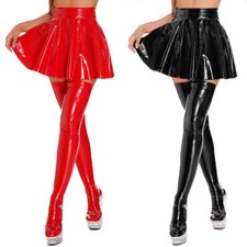 Women Shiny Flared Pleated Mini Skater Skirt High Waist PVC Leather A-Line Skirt