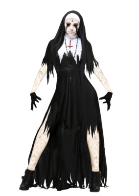 Costume da Suora Zombie vestito per adulti halloween tunica nera