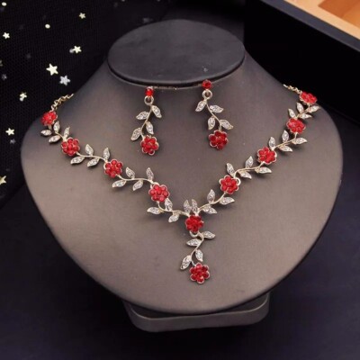 Schmuck Halskette Ohrringe Blätter Blumen rot/gold Zirkonia/Kristall