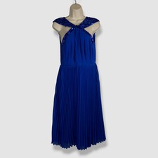 Adrianna Papell Women's Blue Sequins Beads Pleated Halter A-Line Dress Size 2
