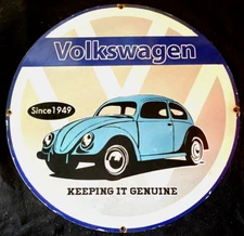 Vntg Art VOLKSWAGEN KEEPING IT GENUINE 1949 PORCELAIN SIGN Rare Advertising 30"