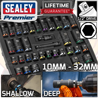 SEALEY DEEP & SHALLOW IMPACT SOCKET Set 1/2"Dr 34pc 10mm-32mm 6pt Hex Socket Set