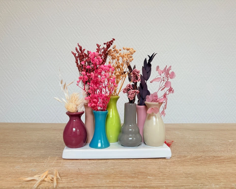 Jinfa Vasenset aus 7 bunten kleine mini Keramik Vasen Blumenvase Deko auf Sockel - Bild 2 von 4