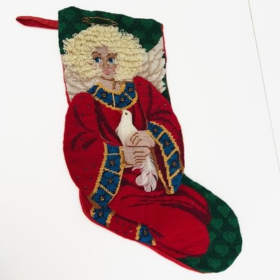 VTG Needlepoint Stocking Angel With Bird Cottage Granny Core 80s 90s