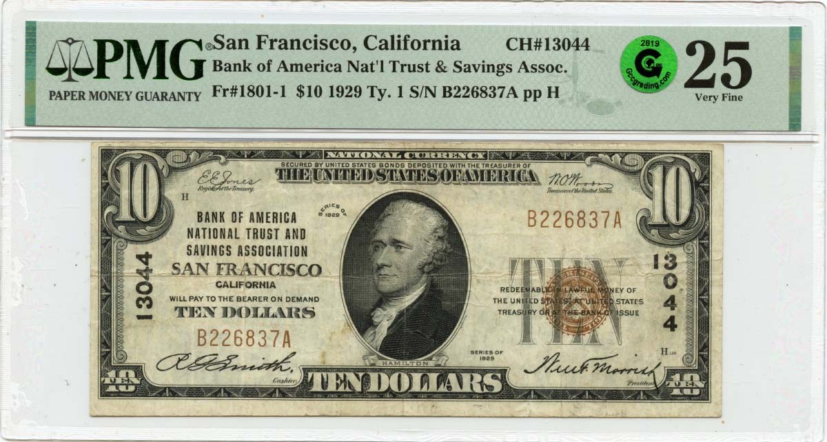 1929 Ty1$10 B of Am National T&S San Fran CA CH#13044 PMG VF25 GCC