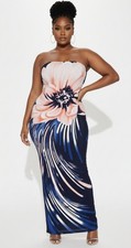 NWT! FASHION NOVA Sarah Floral Maxi Bodycon Tube Dress Navy Combo 2XL