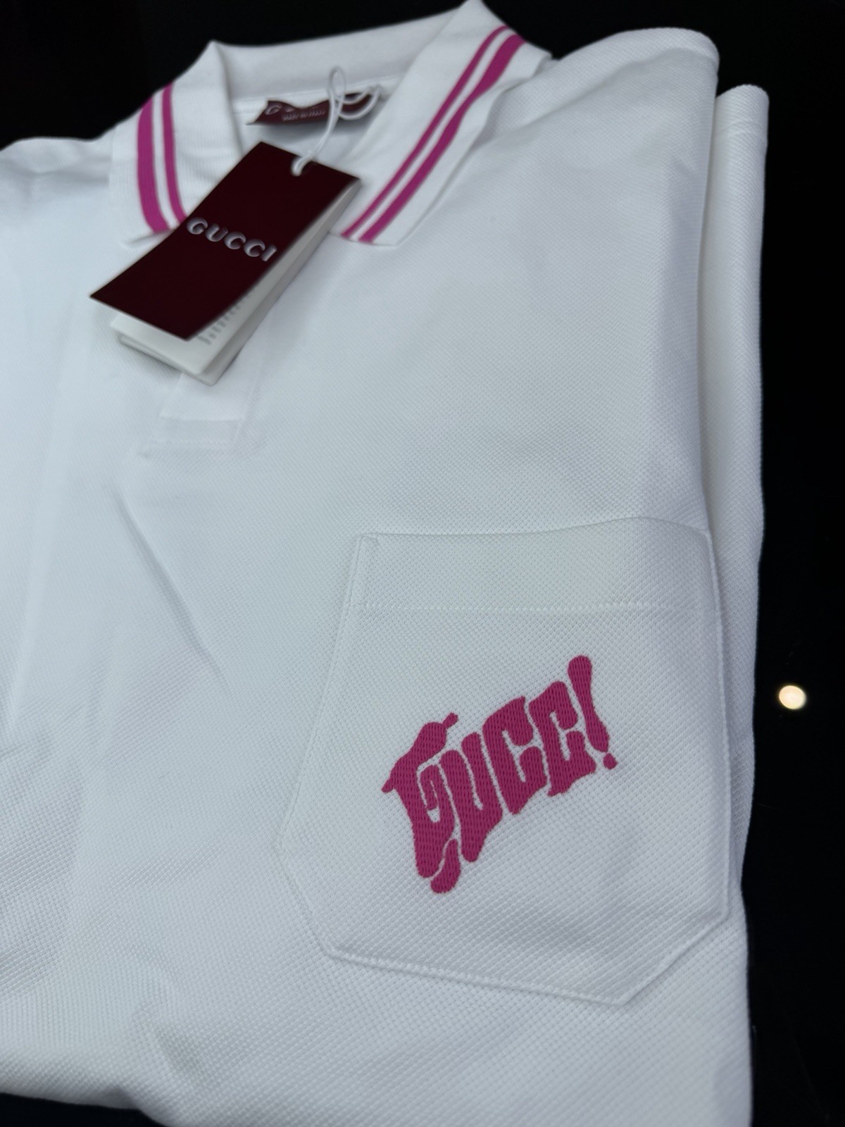 Gucci Men’s White Polo Shirt Pink Logo Collared Button Up Size 2XL Retail £650 image 5