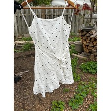 White polka dot Flirty flowy summer sundress with ruffle and wrap detail, Medium