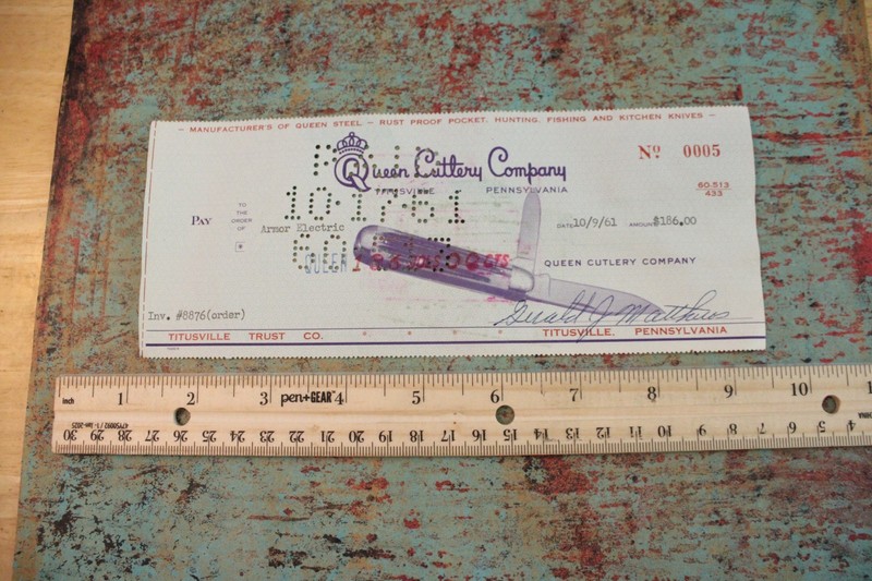 1970's Queen Schatt & Morgan Cutlery Co Knife Collectors Graphic Pay Roll Check
