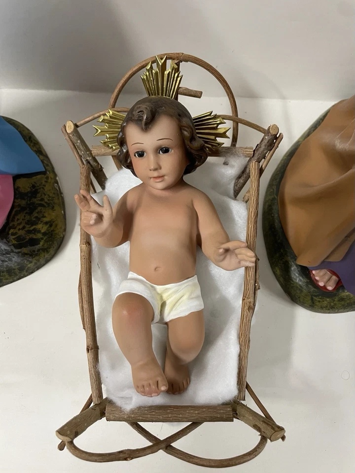 Chalkware Nativity Baby Jesus Wood Crib Glass Eyed Mary & Joseph Spain 1960s HTF - Image 3 of 4