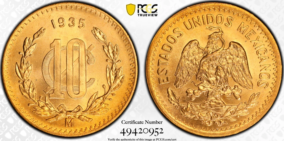 1935 10 DIEZ CENTAVOS MEXICO PCGS SUPER GEM TOP POP MS67-RED - Image 2 of 2