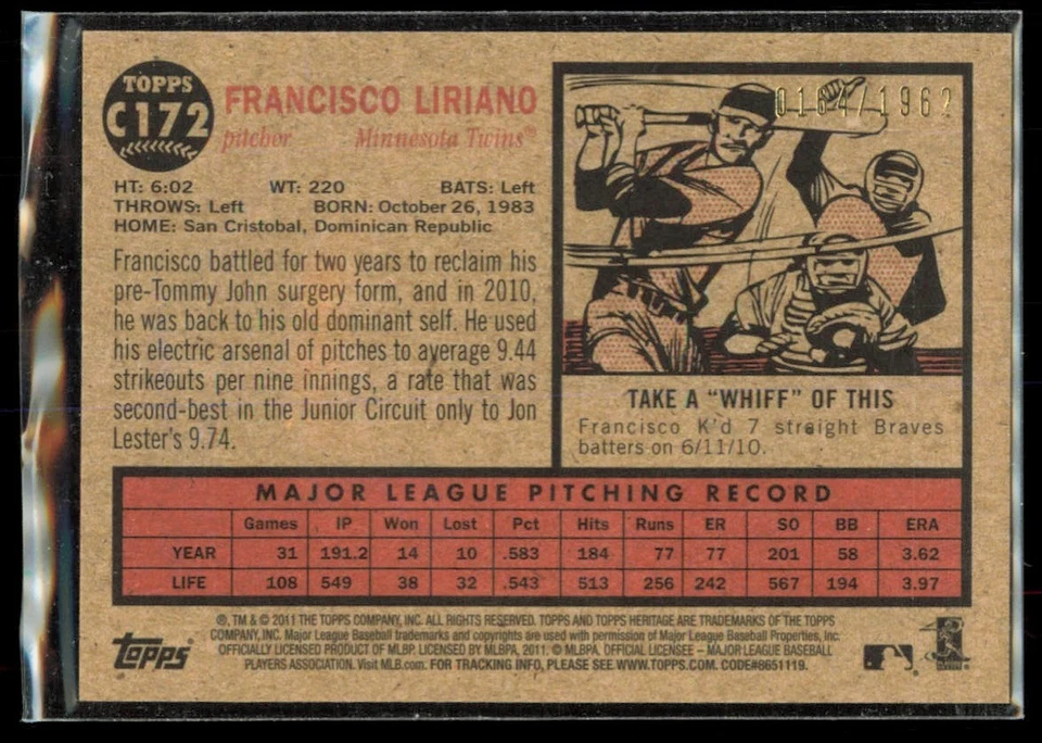 2011 Topps Heritage Chrome Francisco Liriano /1962 Twins #C172 - Image 2 of 2