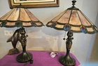 1 -Pair Vtg Dale Tiffany Style Dual Lights Stained glass Table Lamps