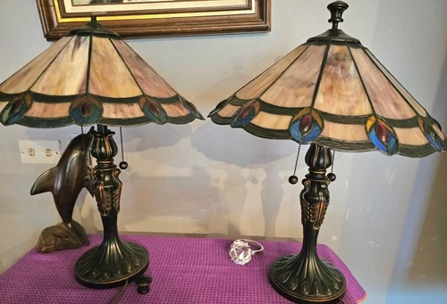 1 -Pair Vtg Dale Tiffany Style Dual Lights Stained glass Table Lamps