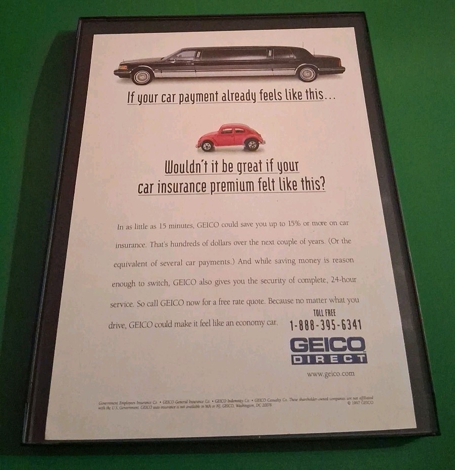 GEICO Car Insurance Vintage Framed Print Ad 1997 Collectible