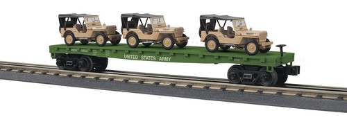 MTH 30-76887 VAGÓN PLANO DEL EJÉRCITO DE EE. UU. con 3 Willys Jeeps calibre o 3 rieles RD #609032 | Zustand: New