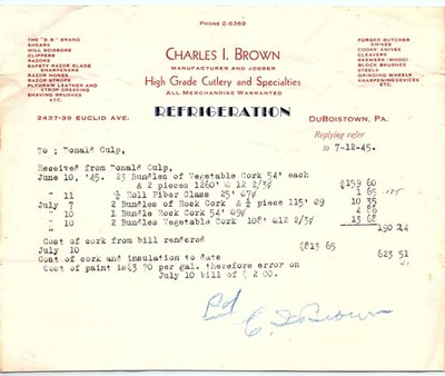 1945 Charles I. Brown DuBoistown PA Cutlery Refrigeration Bi