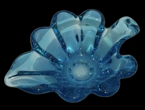 Vtg MCM Royal Blue Art Glass Leaf Shape Trinket/ Candy/Nut Dish - Murano?